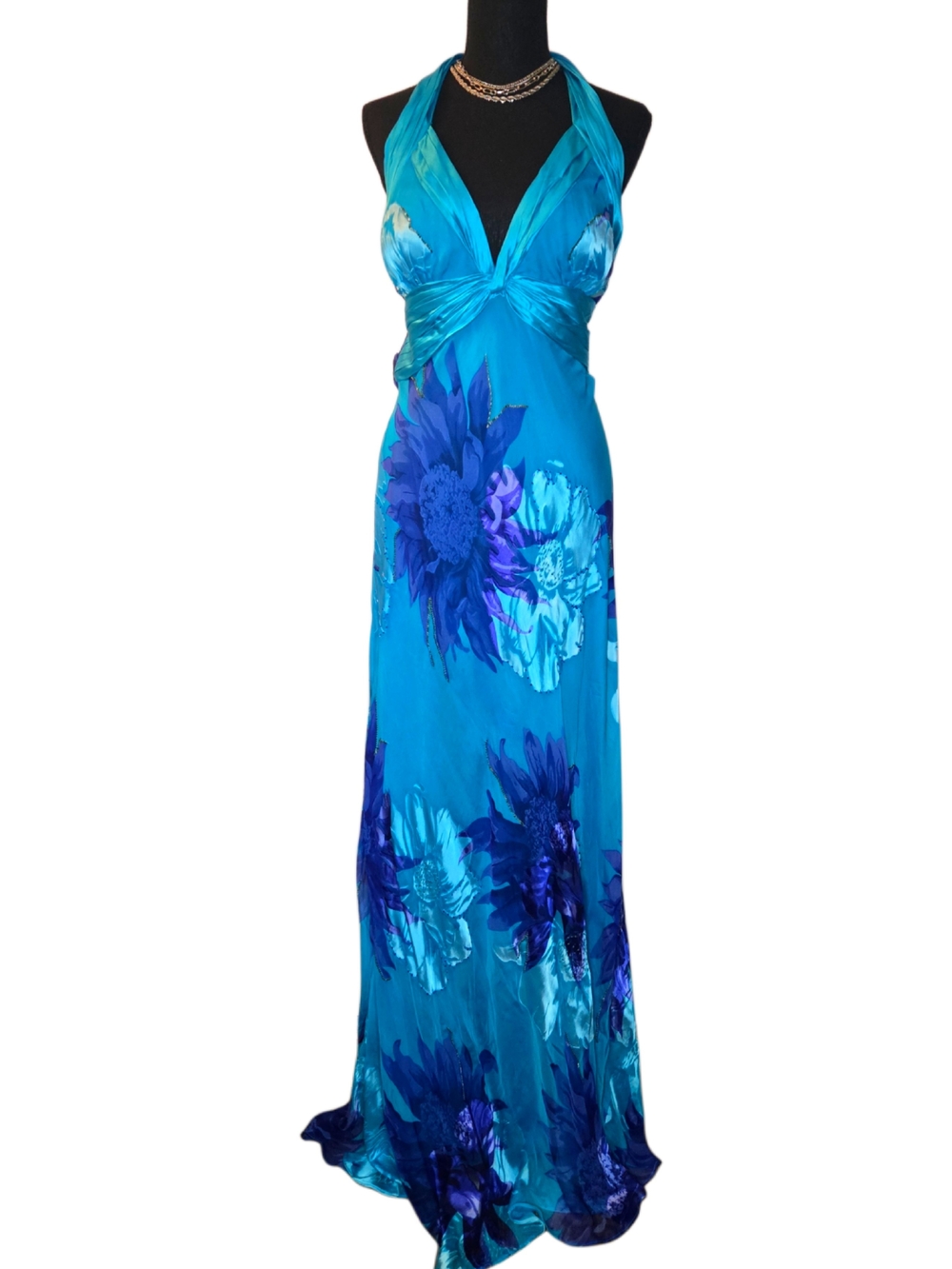 Y2k Blue Floral Silk Halter Maxi Dress!